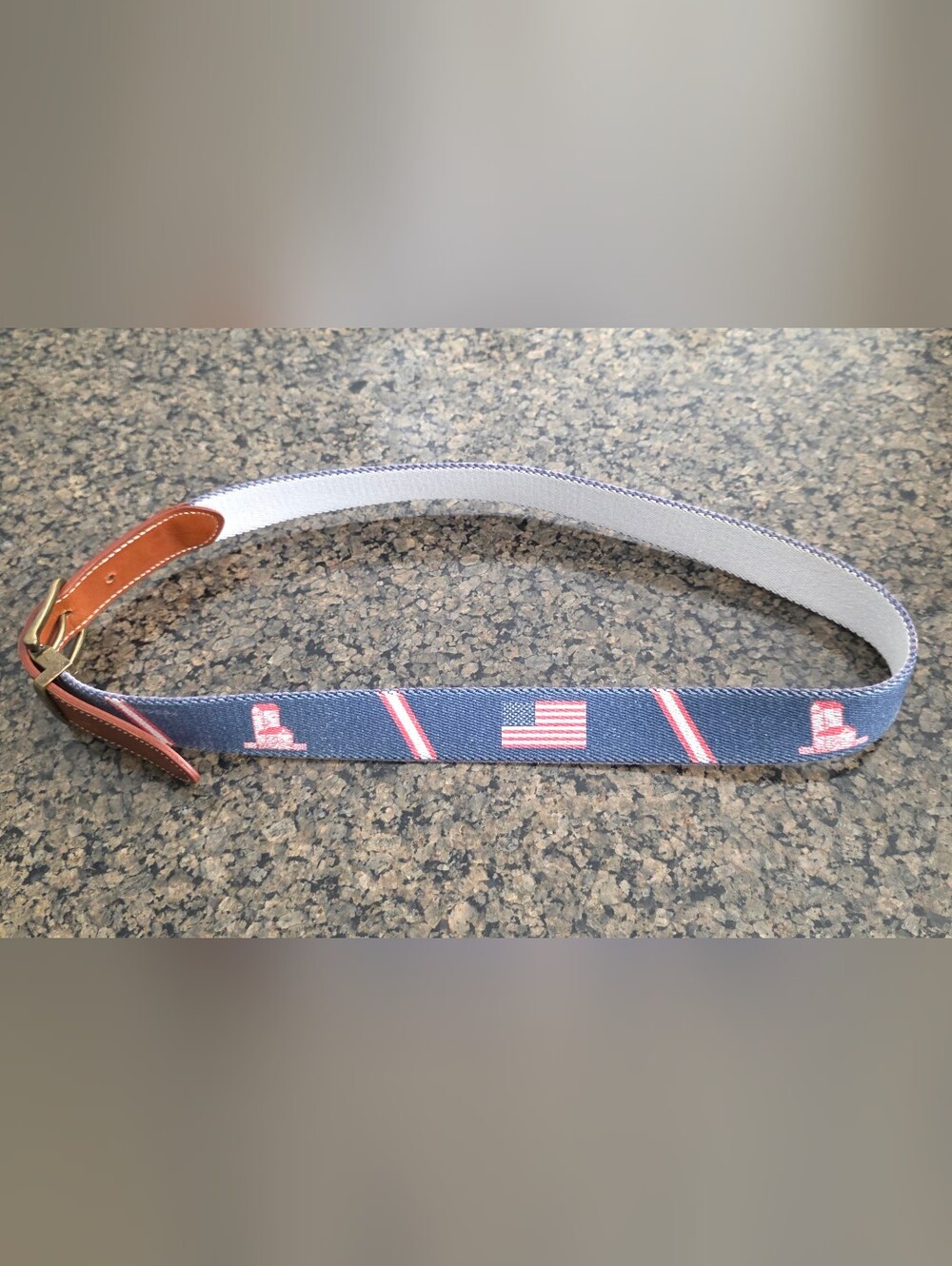 Doc Murphy Belt Sz 30 to 36 Blue Canvas Leather Nautical USA Flags Made USA Men